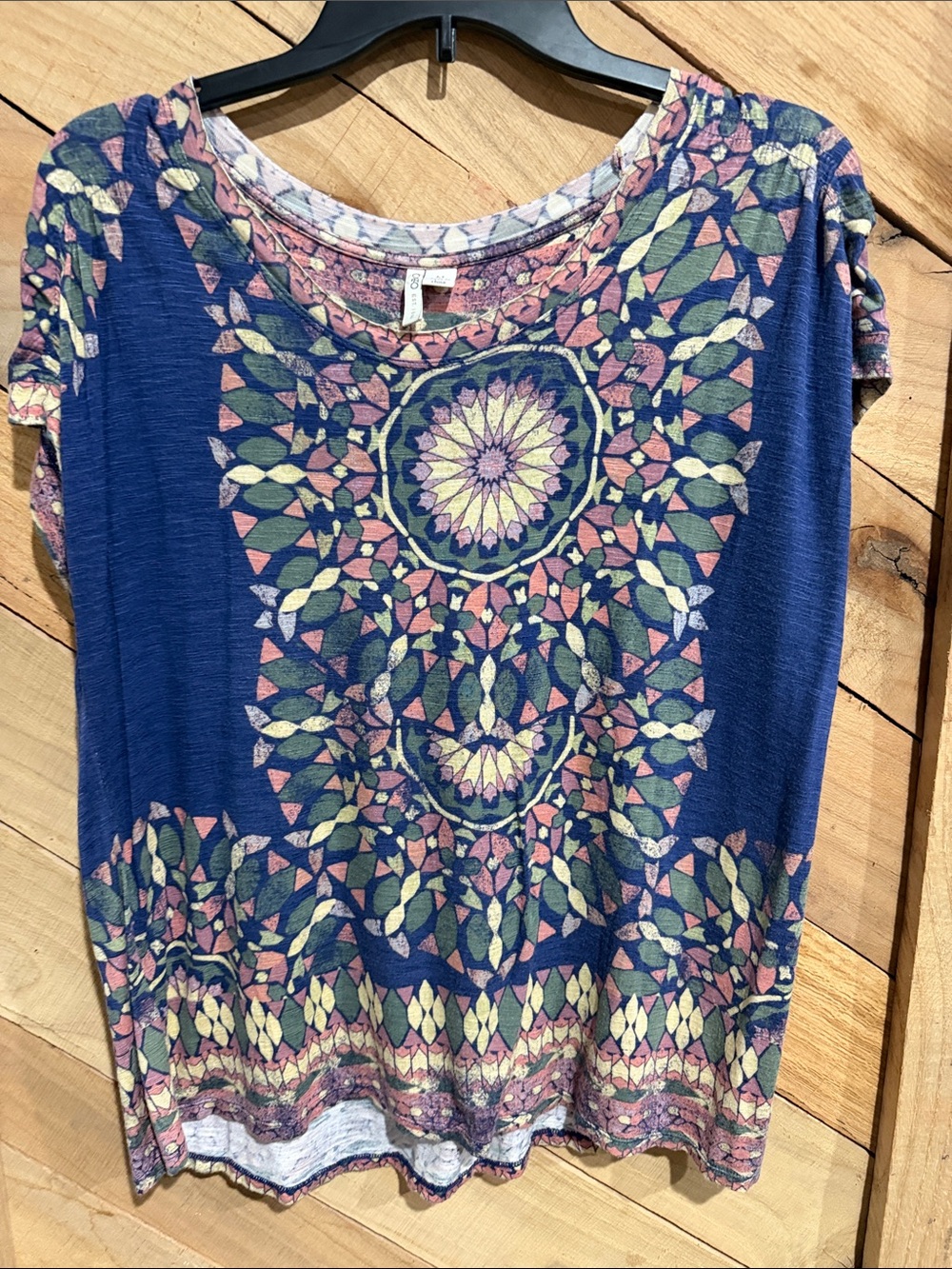 Cato Navy Short Sleeve Top with Pink and Green Floral Mosaic
